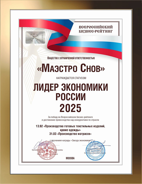 Сертификат «Лидер экономики России 2025»